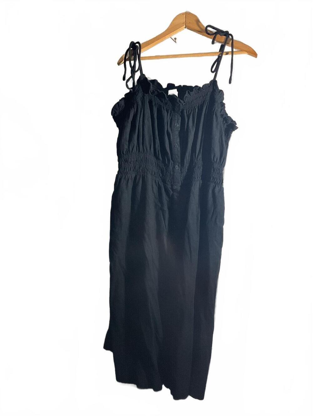Universal Black Smocked Tie-Strap Linen Blend Button-Front Midi Dress 3X